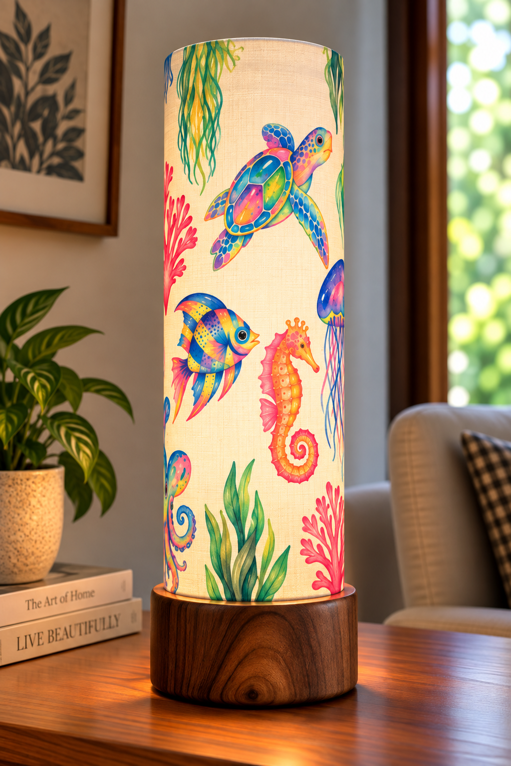 Coral Kingdom Sea Life Printed Wooden Table Lamp