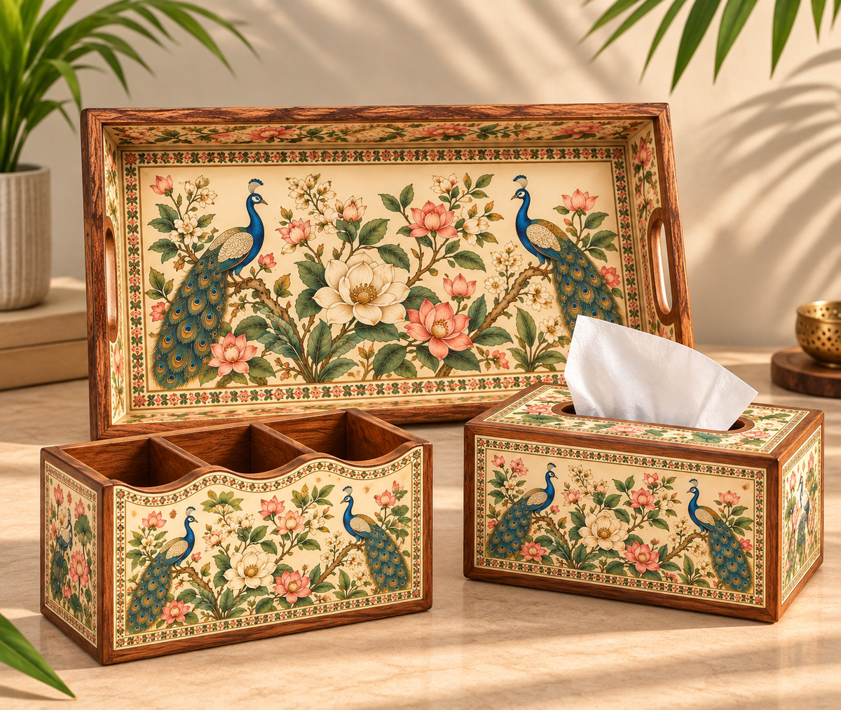 Peacock Garden 3-Piece Home Décor Organizer Set