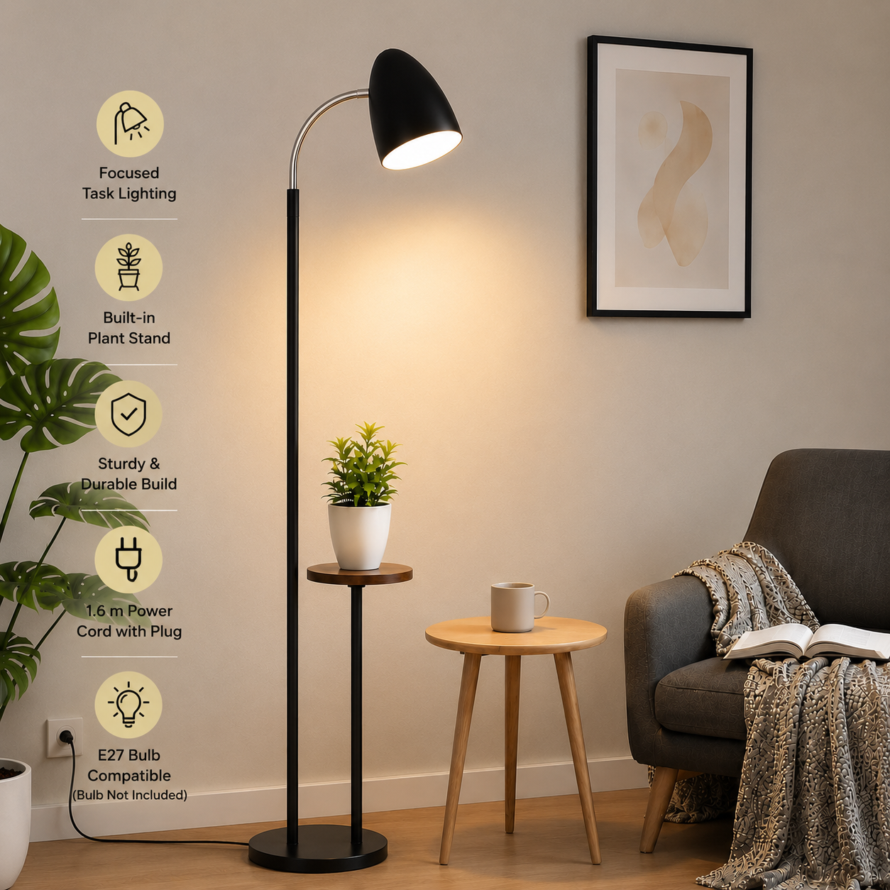 Floor Lamp with Planter Stand & Wooden Tray for Living Room