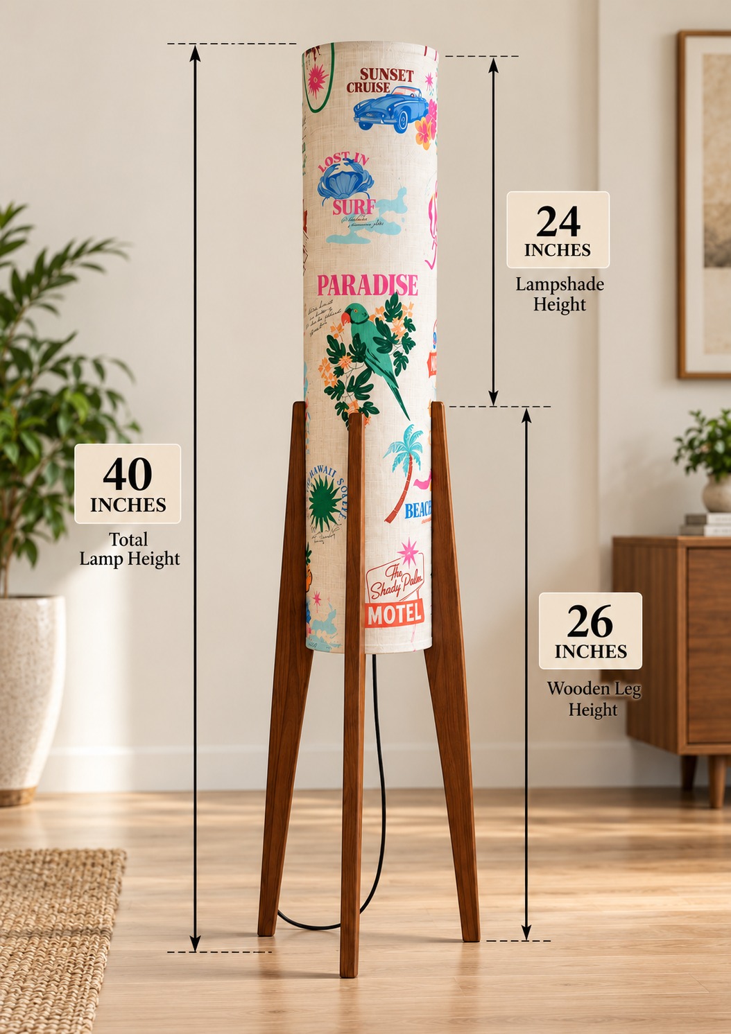 Paradise Cruise Tropical Print Wooden Tripod Floor Lamp