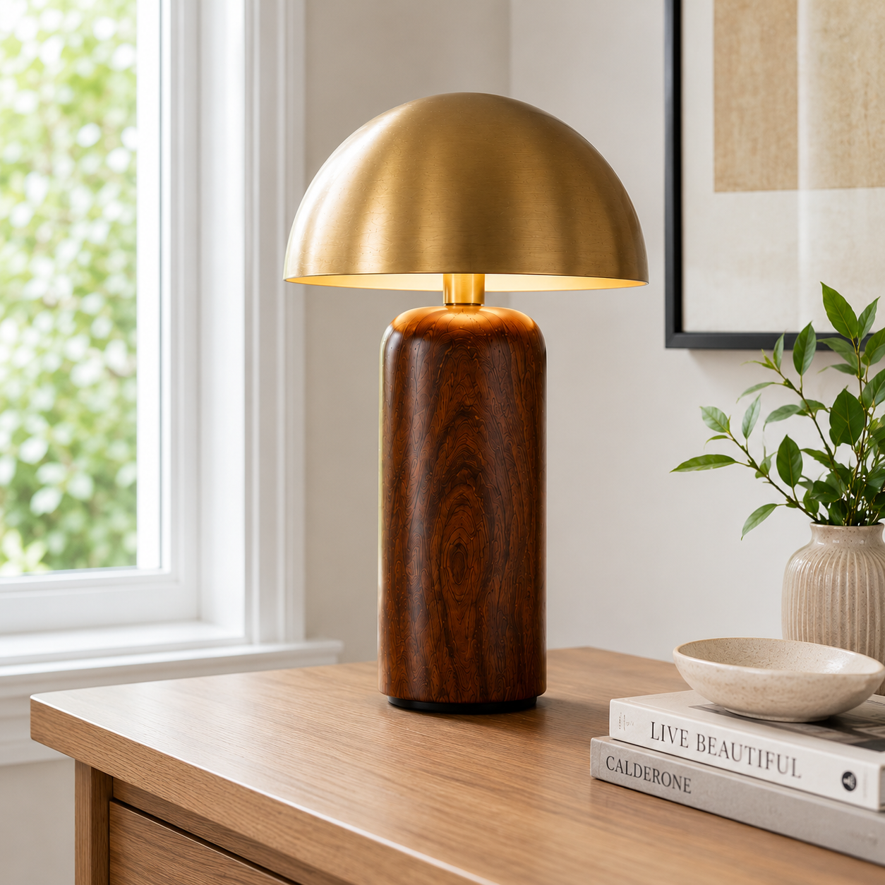 Golden Dome Table Lamp with Wooden Base Modern Ambient Light