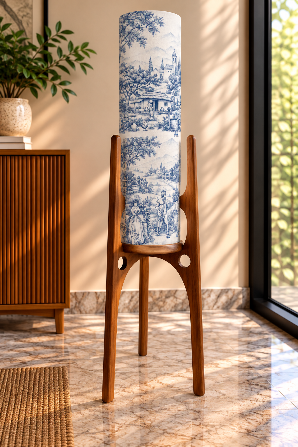 Pastoral Blue Archwood Printed Wooden Floor Lamp