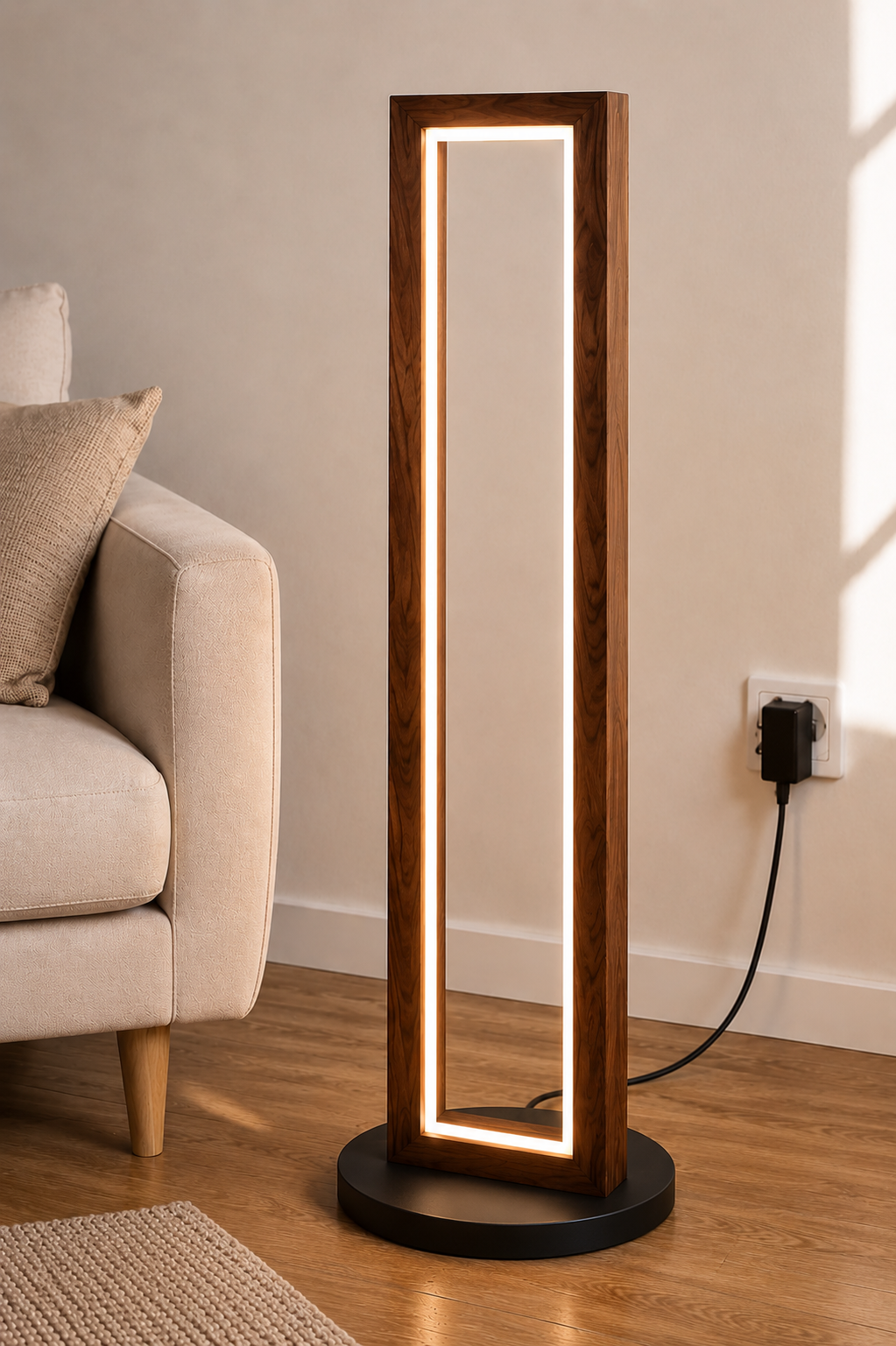 Slim LED Wooden Corner Floor Lamp with Warm White Ambient Light