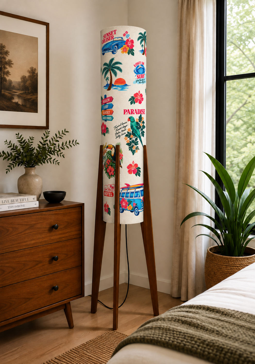 Paradise Cruise Tropical Print Wooden Tripod Floor Lamp